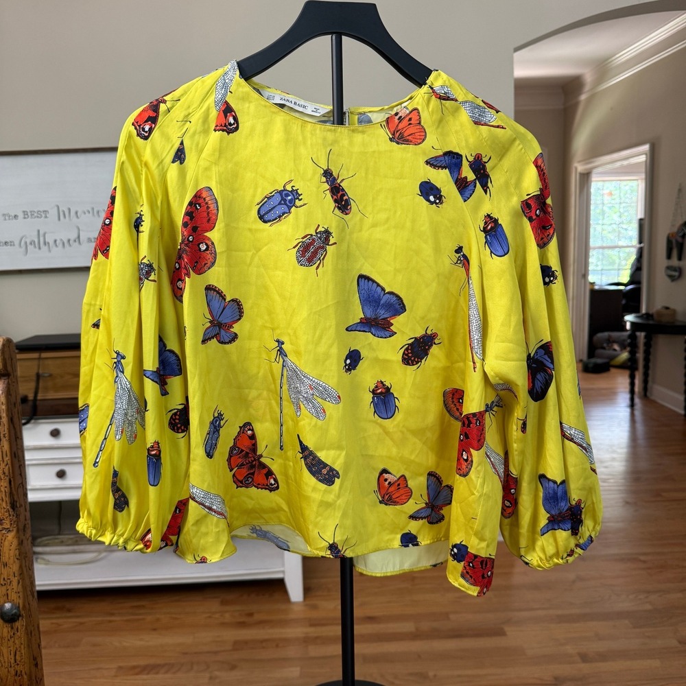 Zara Basic Yellow Insect Butterfly Print Balloon Sleeve Blouse XS